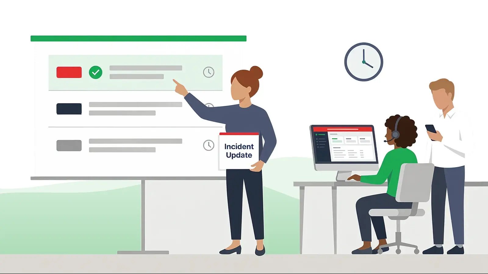Incident communication runbook: severity board with first-notice deadlines, a prepared incident update card, and the on-call desk