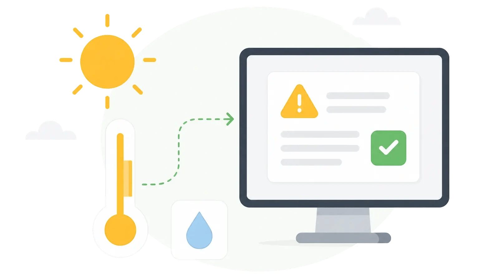 Heat safety communication: sun, thermometer, and hydration icon triggering an on-screen alert