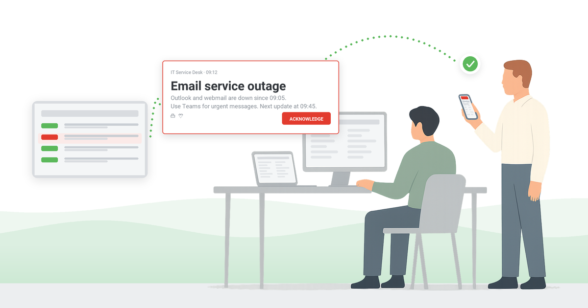 An IT alert reaching employees: a monitoring dashboard with one red card, a pop-up with a red header on a monitor, and a phone showing the acknowledgment check