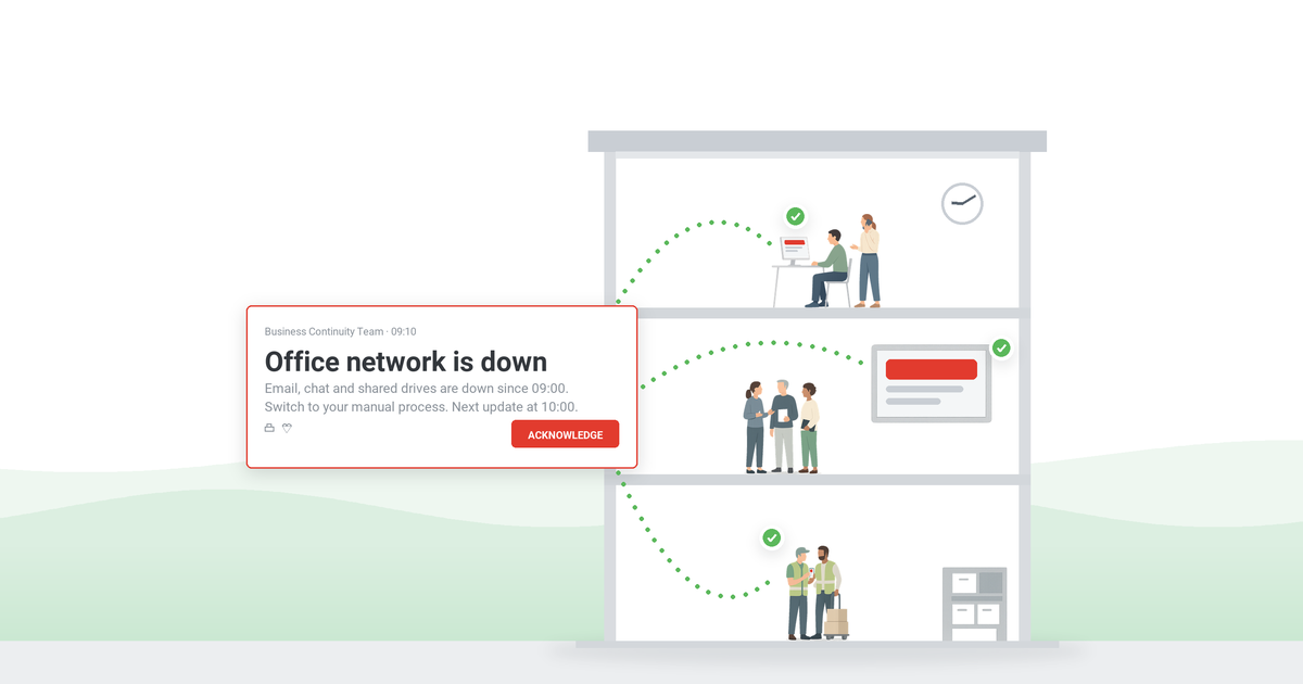 A business continuity notice reaching every floor of a building: colleagues at a desk, a team at a wall display and warehouse workers with a phone all see the alert Office network is down