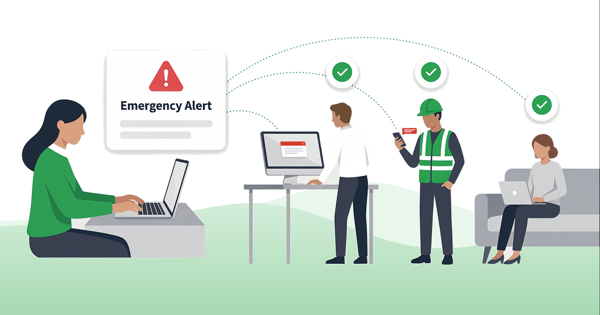 Emergency communication plan in action: a red alert reaches desktop, phone and laptop, three employees confirm