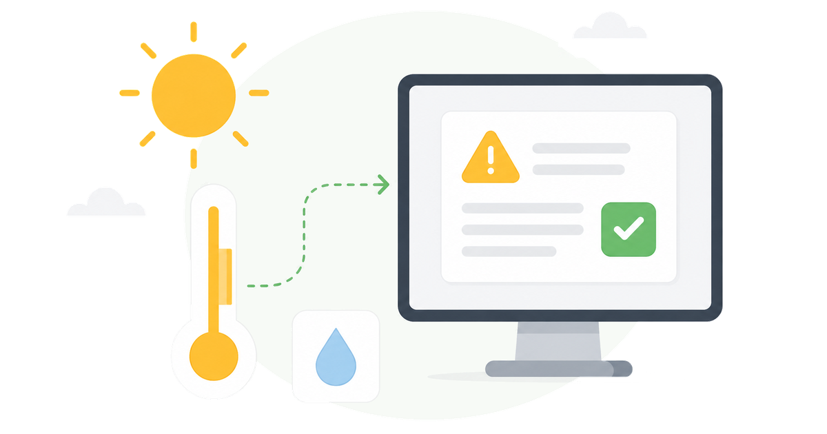Heat safety communication: sun, thermometer, and hydration icon triggering an on-screen alert