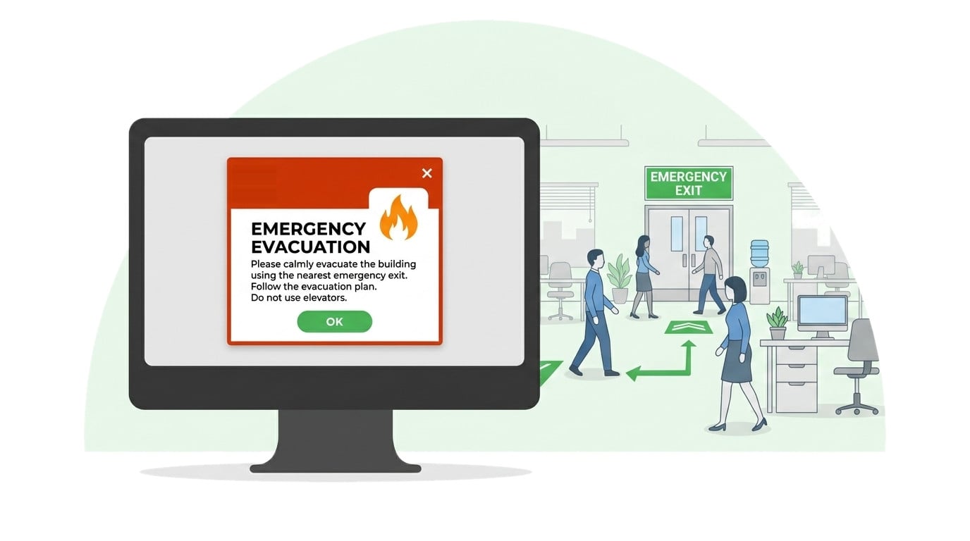 Workplace emergency evacuation drill alert on an office desktop and phone